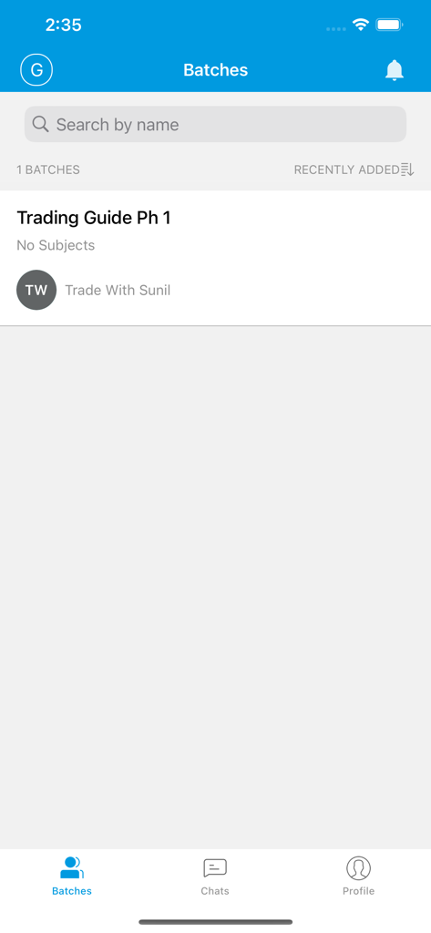 TRADE WITH SUNIL - Interface de l'application Trade With Sunil montrant l'écran des groupes avec une liste pour la phase 1 du guide de trading.