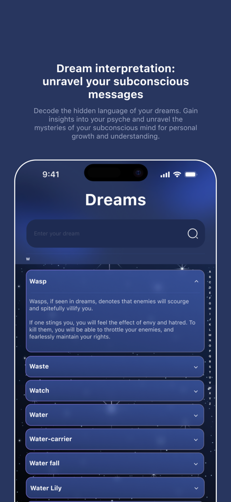 Écran de l'application Moon Days Calendar montrant les fonctionnalités d'interprétation des rêves et les définitions du dictionnaire