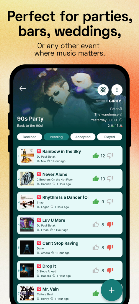 Rekwest - Song requests - Rekwest app interface displaying a list of pending song requests with upvotes for a themed party