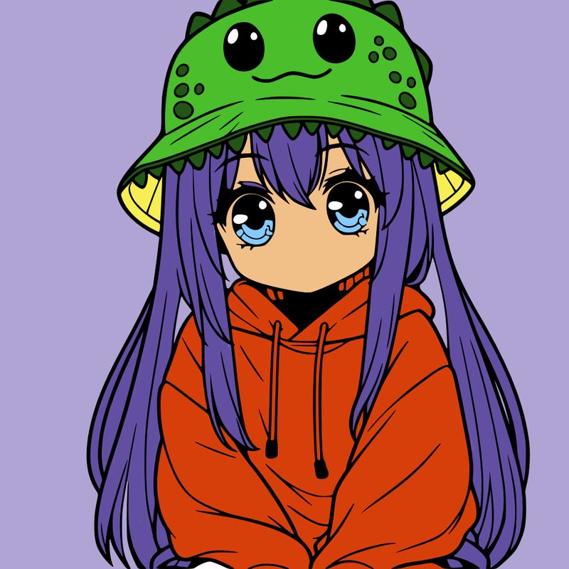 girl with anime shaped eyes with a dinosaur bucket hat oversized sweatshirt long straight hair