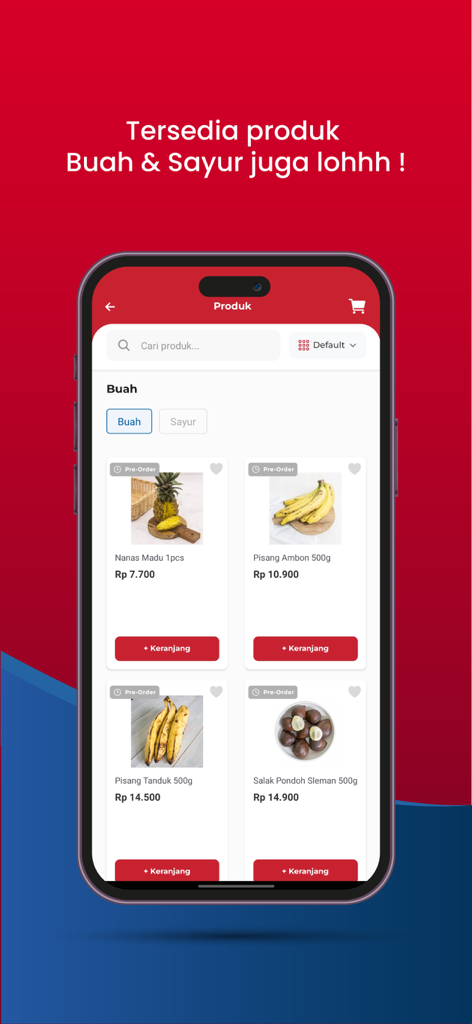 A mobile app interface of Midi Kriing displaying fresh fruits like pineapple and bananas for grocery shopping.