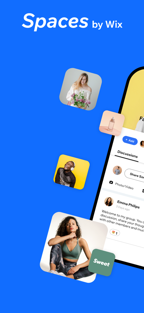 Spaces by Wix app interface with community posts and lifestyle images