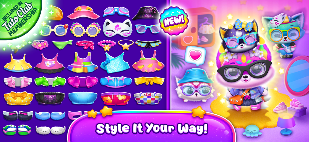 Fluvsies Merge Party - Una selección de coloridas ropas y accesorios para mascotas virtuales junto a adorables mascotas disfrazadas.