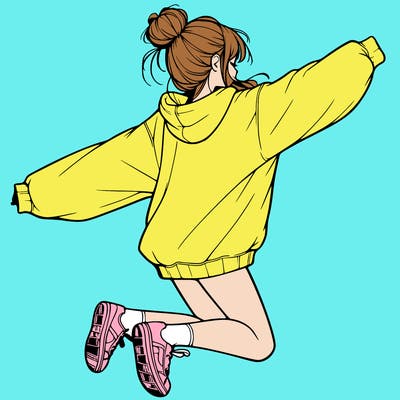 realistic girl jumping with a bun and oversized sweatshirt