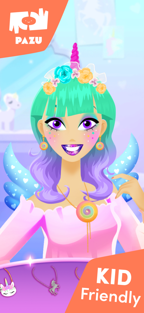 A character with unicorn makeup and colorful accessories in a kid friendly dress up game