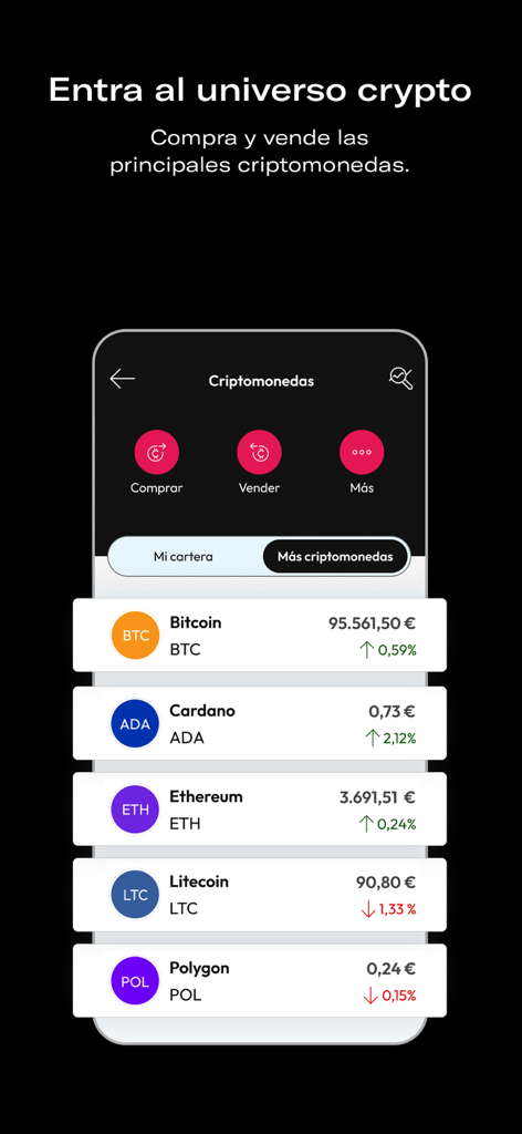 Interfaz de la app móvil de Openbank que muestra una lista de criptomonedas incluyendo Bitcoin y Ethereum con precios actuales y opciones de trading.