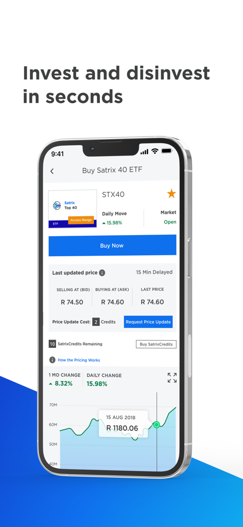 SatrixNOW - SatrixNOWアプリで、リアルタイムの市場価格とパフォーマンスグラフを使用してSatrix 40 ETFを購入するスマートフォンの画面。