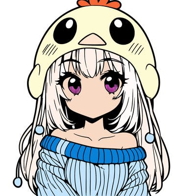 anime girl with chick shaped hat with sweater with bare shoulders with bangs covering them one eye with low tail
