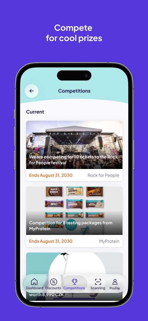 Alive App interface displaying a list of current student competitions and prizes like festival tickets