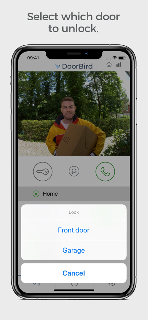 DoorBird app interface showing live video of a delivery person with options to unlock the front door or garage.