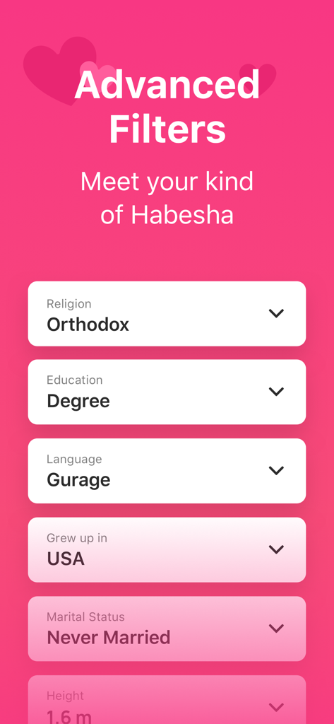 Kum Neger - Habesha Dating - Kum Neger app screenshot showing advanced search filters for religion education and cultural preferences