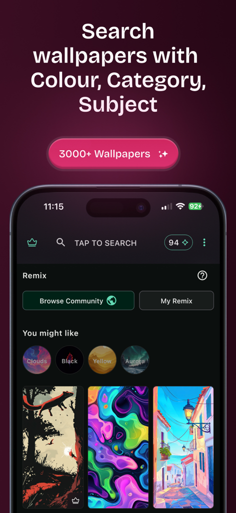 Palette Dark 8K Wallpaper - Screenshot of Palette Dark 8K Wallpaper app showing the search interface and artistic wallpaper categories in dark mode