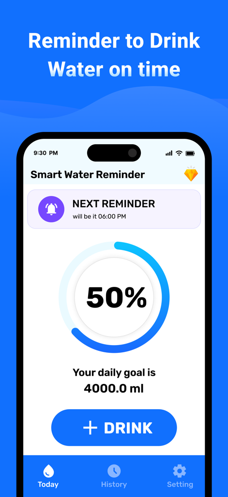 AquaAlert : Hydration Buddy - Interfaz de la aplicación AquaAlert que muestra una barra de progreso de hidratación circular al 50 por ciento y un rastreador de objetivos diarios