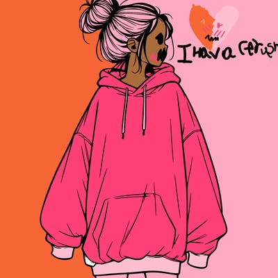 realistic girl with a oversized sweatshirt on and a bun