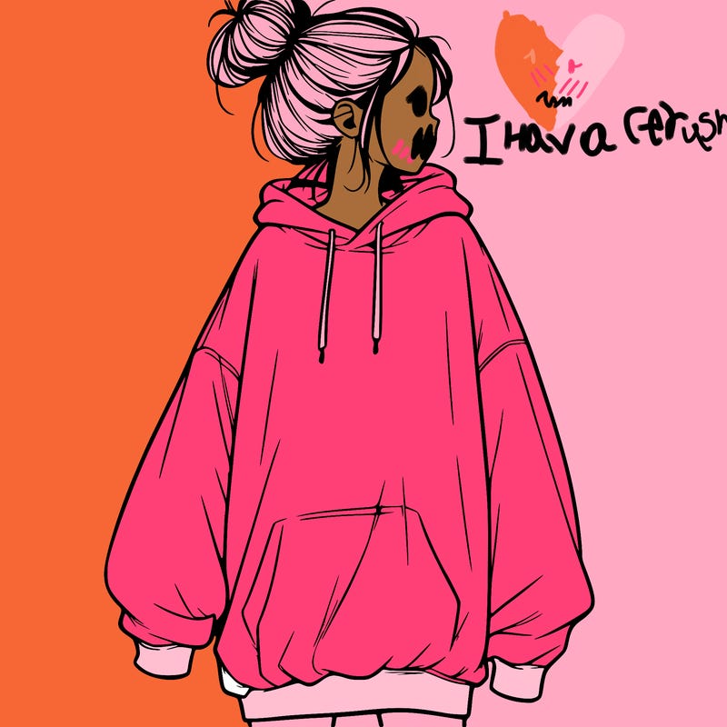 realistic girl with a oversized sweatshirt on and a bun