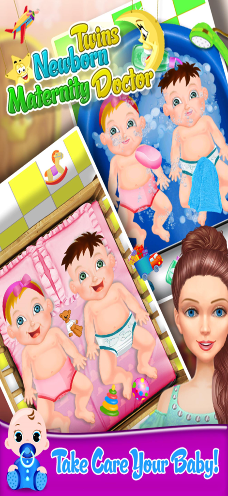 Newborn Twin Baby Mommy Doctor - Gameplay screenshot of Newborn Twin Baby Mommy Doctor showing twins in a bath and a crib with their mommy