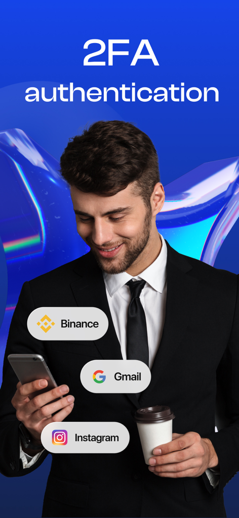 Ein Geschäftsmann, der die 2FA Authenticator-App verwendet, um Konten wie Binance Gmail und Instagram zu sichern.