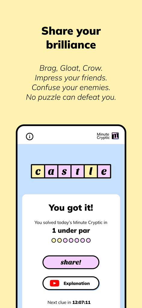 Minute Cryptic - Minute Cryptic app result screen showing a solved daily puzzle for the word castle with a share button