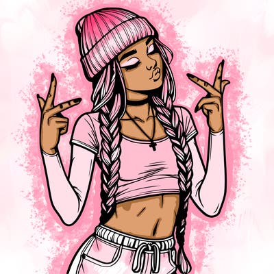 realistic teenage girl with braids and a beanie and crop top doing 🫶🏼