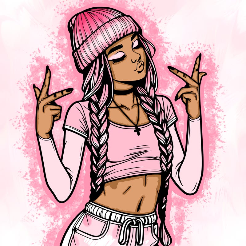 realistic teenage girl with braids and a beanie and crop top doing 🫶🏼