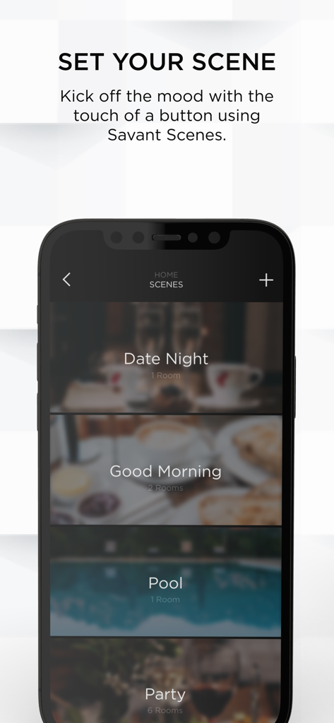 Savant - Savant Pro app screen displaying customizable home scenes including Date Night and Party modes.