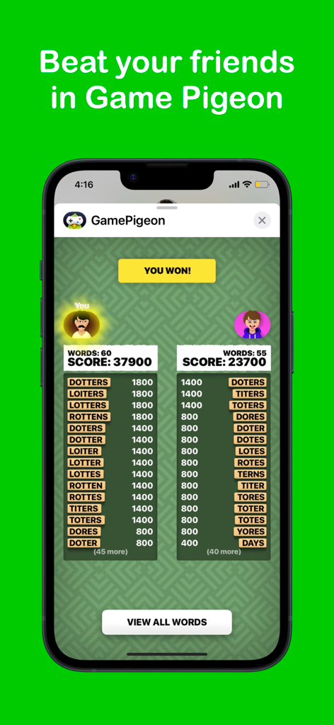 Word Hunt Solver - A mobile screen showing a Word Hunt victory in GamePigeon with a high score of 37900.
