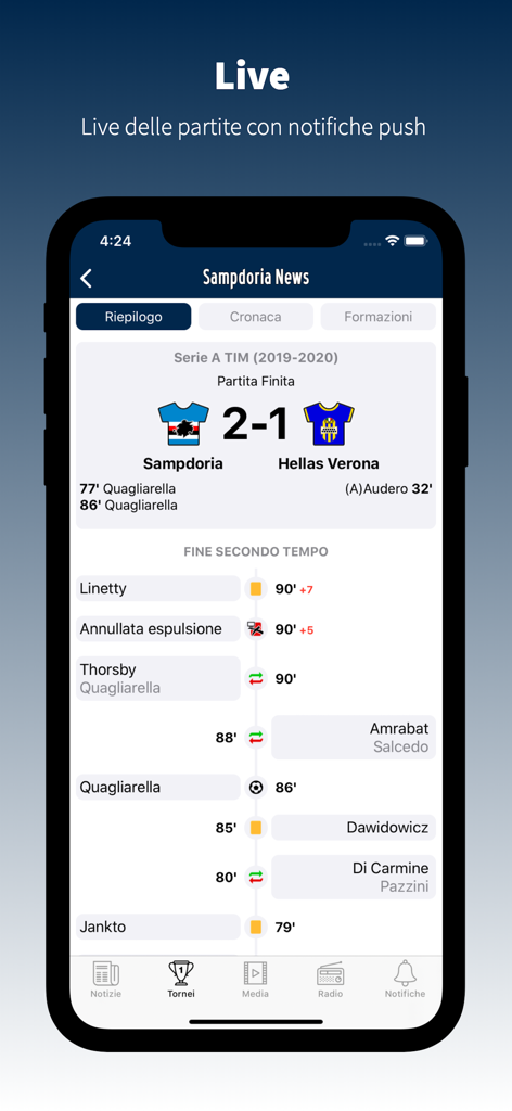 SampdoriaNews.net - Screenshot dell'app Sampdoria News che mostra il punteggio di una partita di calcio in diretta e la cronologia.