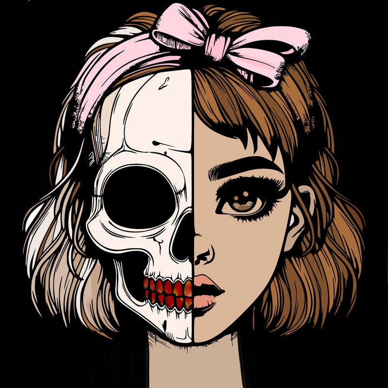 realistic girl with half skull mask