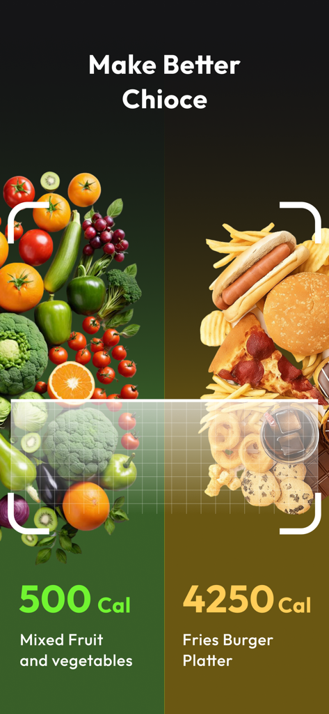 SnapCal: AI Calorie Counter - A visual calorie comparison between a healthy fruit and vegetable mix at 500 calories and a junk food platter at 4250 calories