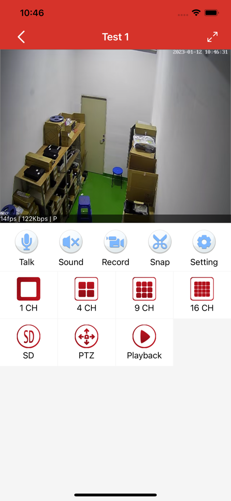 Interface do aplicativo TSEYE exibindo um feed ao vivo de câmera de segurança de uma sala de armazenamento com vários controles de monitoramento