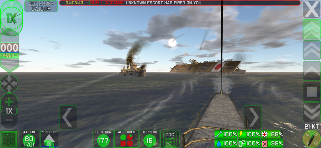 Jugabilidad de submarino en Crash Dive 2 mostrando un portaaviones enemigo hundiéndose e interfaz táctica durante una batalla naval.