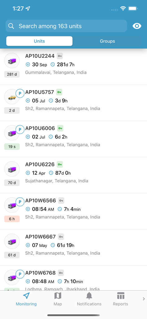 TGG Tracking - A list of tracked vehicles in the TGG Tracking app showing registration numbers, current location, and status updates.