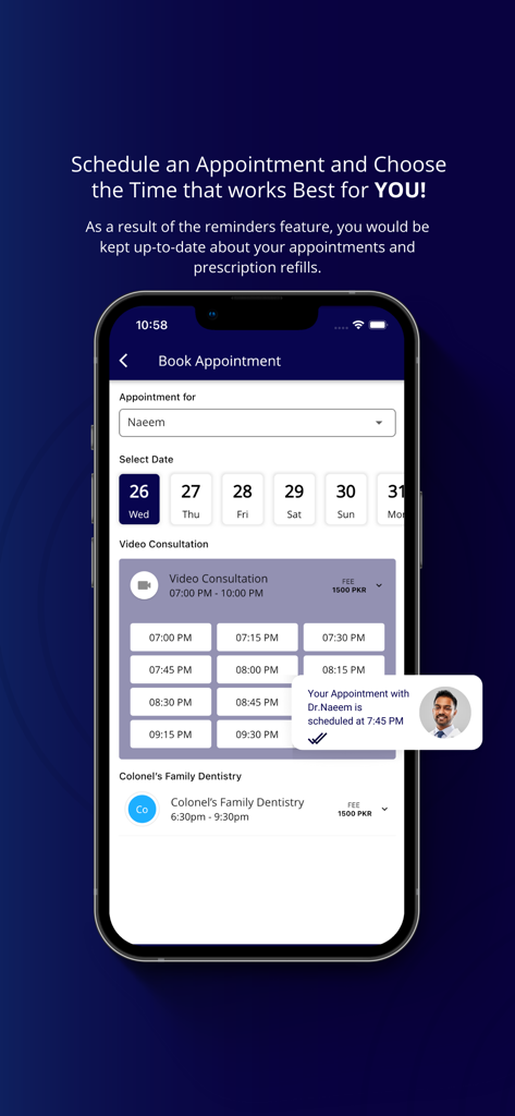 Une interface mobile de l'application InstaCare montrant l'écran de réservation de rendez-vous avec les créneaux horaires disponibles pour une consultation vidéo avec un médecin.