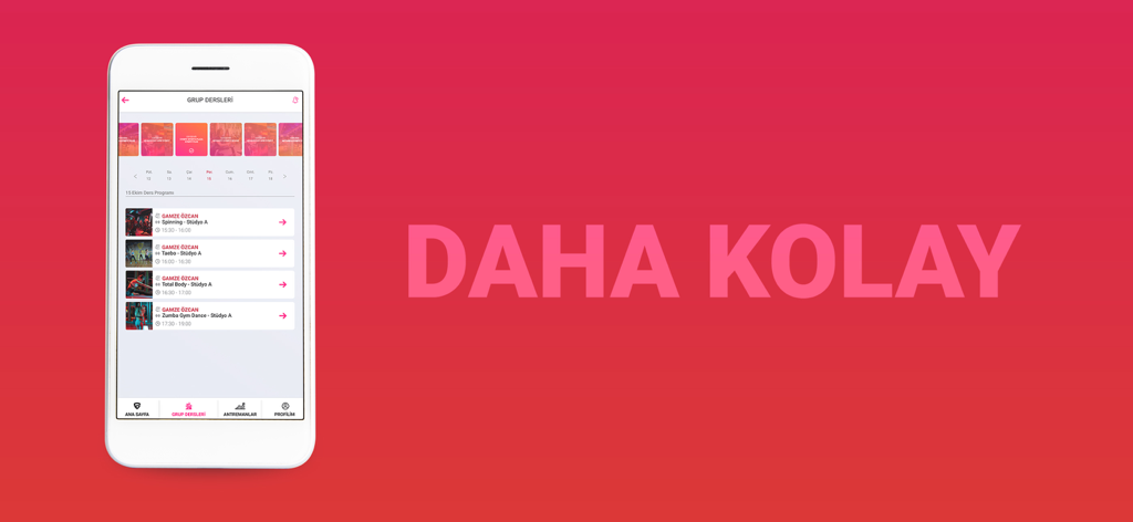 GYMFIT - Gymfit mobile app interface showing a schedule of group fitness classes