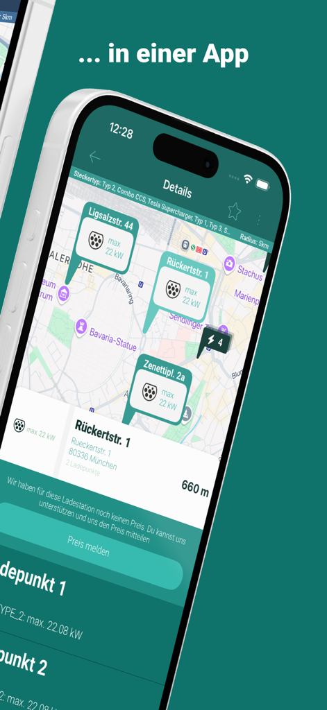 Map view in the clever-tanken app displaying nearby electric vehicle charging stations and charging speeds