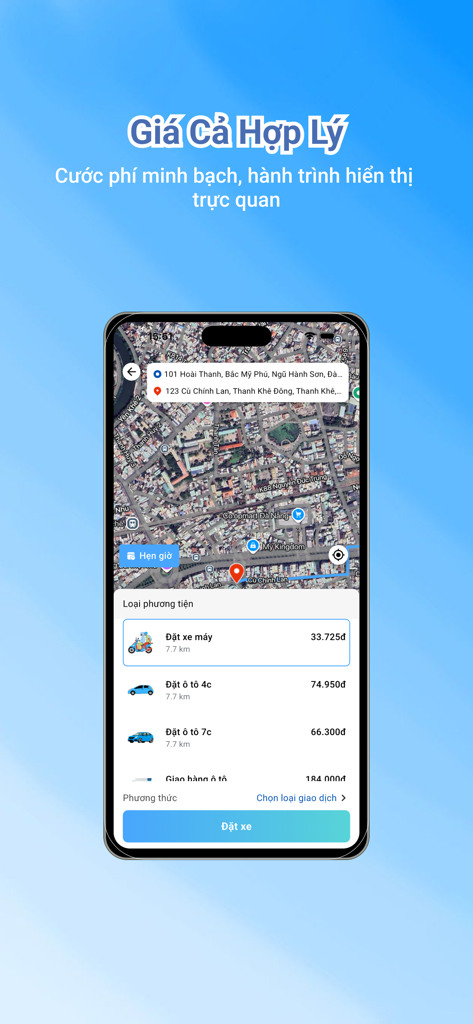 71ViVu app screen displaying ride-hailing options for motorbikes and cars with transparent pricing on a map.
