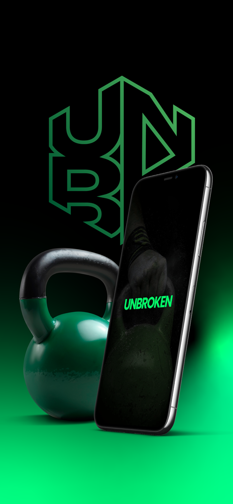 Unbroken.mne - Unbroken fitness app on a smartphone next to a green kettlebell