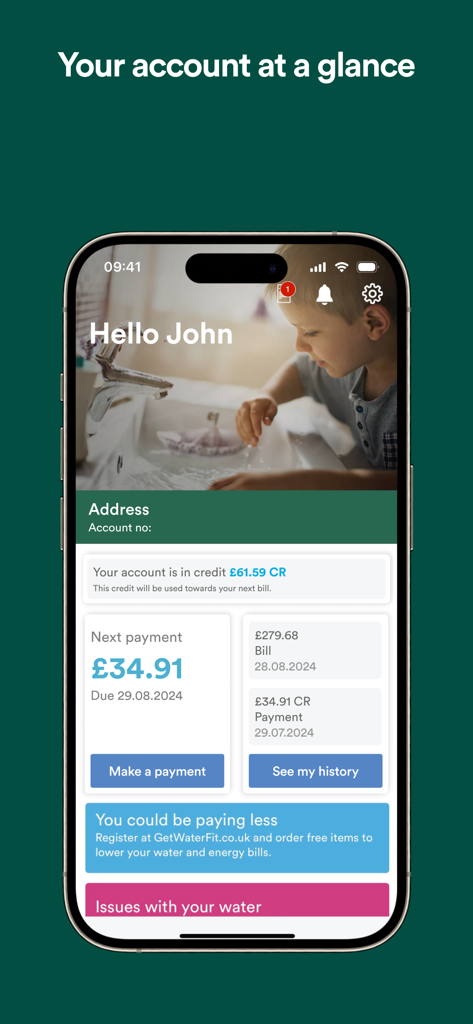 Panel de la aplicación móvil United Utilities que muestra el saldo de la cuenta y los detalles de pago