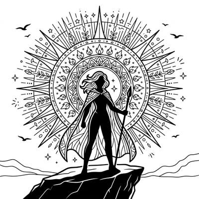 Discover strength and beauty in this captivating sun silhouette warrior coloring page. Immerse yourself in the detailed mandala background as you bring this powerful scene to life.