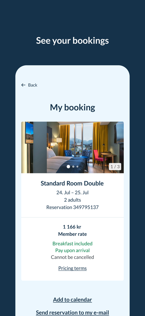 Thon Hotels - Interface of the Thon Hotels app showing details for a confirmed standard double room reservation