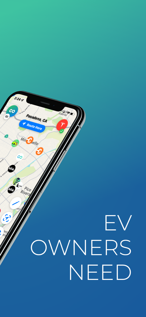 EV Companion App-Oberfläche zeigt eine Karte von Ladestationen in Pasadena mit einer Schaltfläche zur Routenplanung.