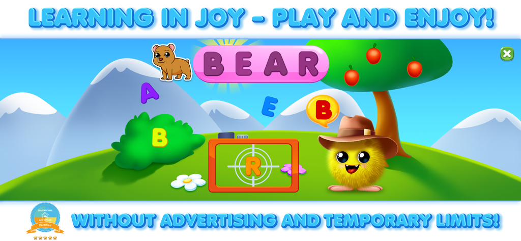 Educational toddler game screen for learning letters and spelling the word bear