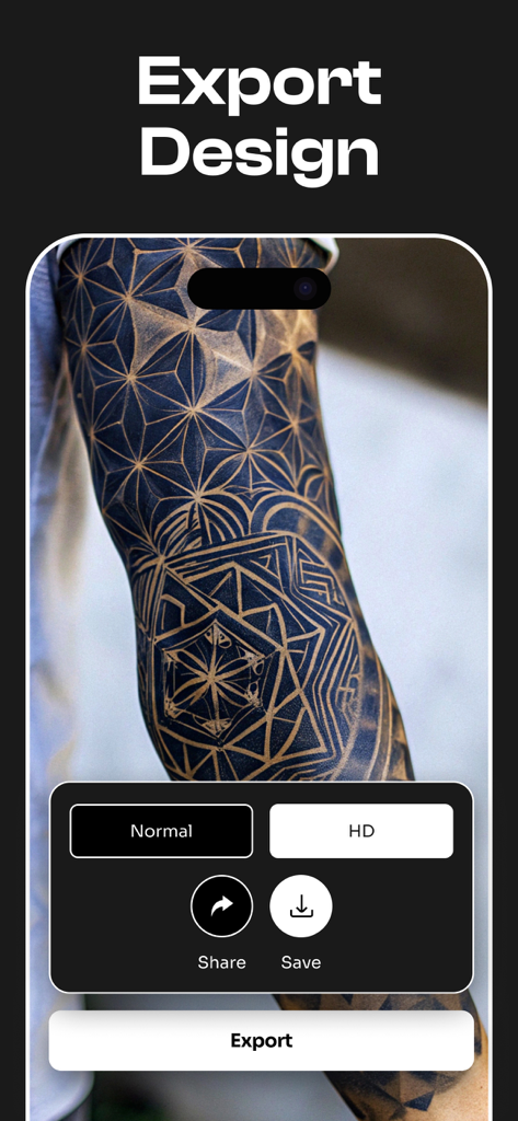 Tattooist: AI Tattoo Generator - Pantalla de aplicación móvil que muestra las opciones de exportación para un diseño de tatuaje geométrico generado por IA de alta definición