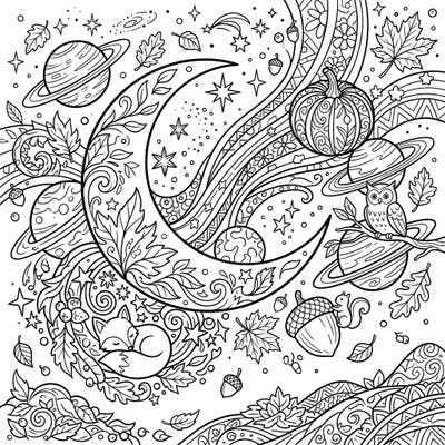 Journey into a magical blend of stars and falling leaves with this unique coloring page, perfectly capturing the spirit of autumn under a cosmic sky. Discover a detailed landscape featuring planets, a sleeping fox, and charming fall motifs awaiting your creative touch.