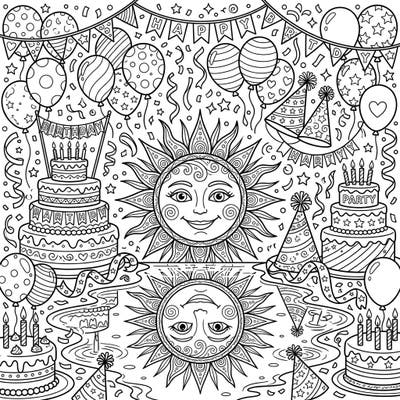 Get ready to celebrate with this cheerful birthday party coloring page, beautifully centered around a radiant sun and its shimmering reflection. Filled with festive cakes, balloons, and confetti, it promises a delightful coloring experience.