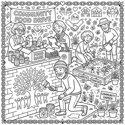 Discover the joy of giving back with this inspiring coloring page featuring elderly volunteers. Immerse yourself in scenes of community service, from food drives to vibrant community gardens.