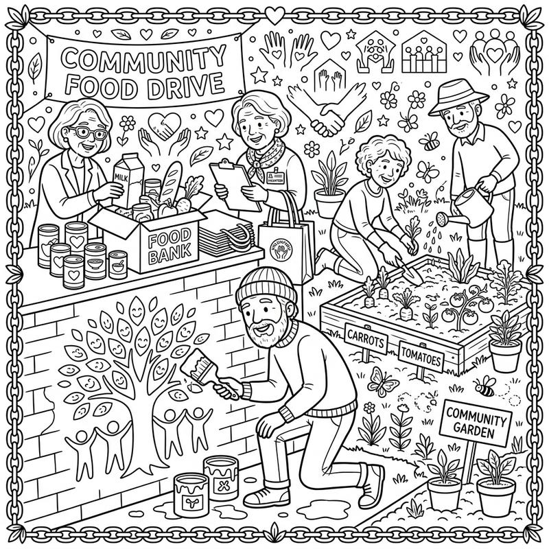 Discover the joy of giving back with this inspiring coloring page featuring elderly volunteers. Immerse yourself in scenes of community service, from food drives to vibrant community gardens.