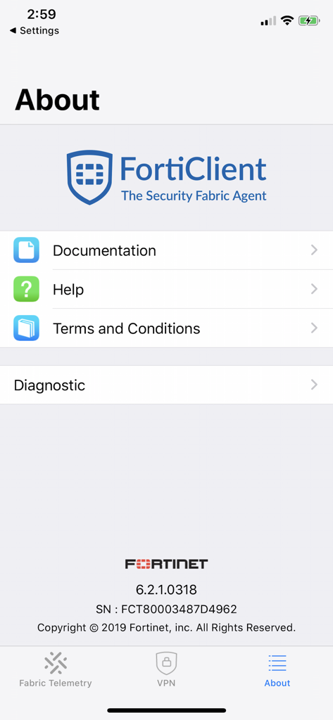 FortiClient - Schermata "Informazioni" dell'app FortiClient con documentazione e opzioni di aiuto