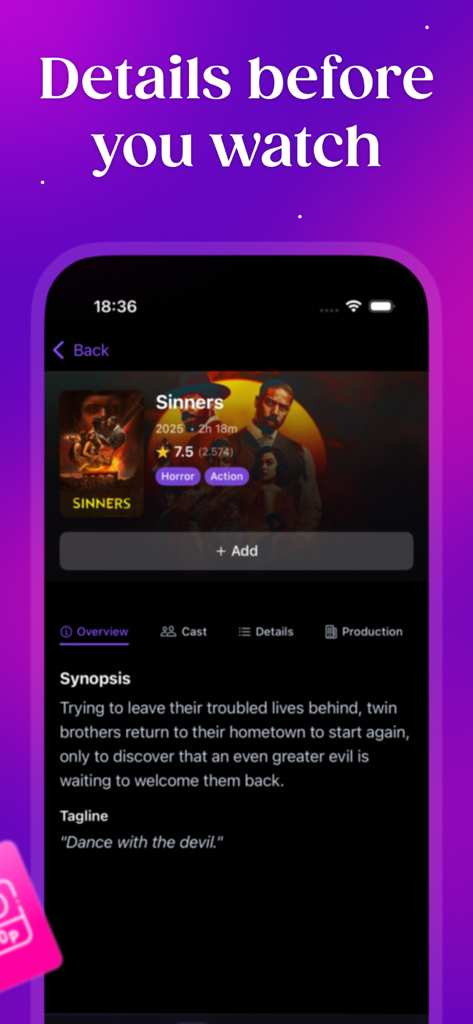 Écran de détails du film montrant le synopsis et la note du film Sinners dans l'application PipeCalc AI.