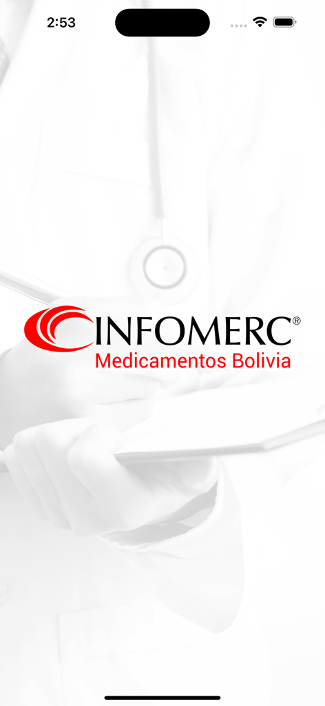 Infomerc Medicamentos - Infomerc Medicamentos Bolivia app splash screen featuring the logo and a medical professional in the background
